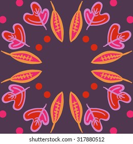 Circular   pattern of   floral motif,  leaves, ellipses, autumn theme, doodles. Hand drawn.