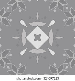 Circular  pattern  of floral motif, leaves, stamens, ellipses, spots, star. Hand drawn.