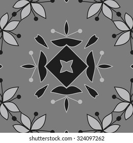 Circular  pattern  of floral motif, leaves, stamens, ellipses, spots, star. Hand drawn.