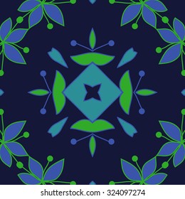 Circular  pattern  of floral motif, leaves, stamens, ellipses, spots, star. Hand drawn.