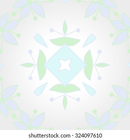 Circular  pattern  of floral motif, leaves, stamens, ellipses, spots, star. Hand drawn.