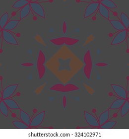 Circular  pattern  of floral motif, leaves, stamens, ellipses, spots, star. Hand drawn.