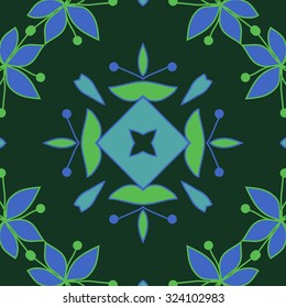 Circular  pattern  of floral motif, leaves, stamens, ellipses, spots, star. Hand drawn.