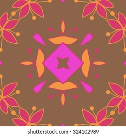 Circular  pattern  of floral motif, leaves, stamens, ellipses, spots, star. Hand drawn.