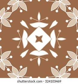 Circular  pattern  of floral motif, leaves, stamens, ellipses, spots, star. Hand drawn.