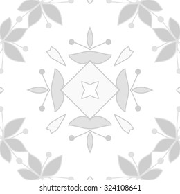 Circular  pattern  of floral motif, leaves, stamens, ellipses, spots, star. Hand drawn.