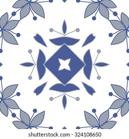 Circular  pattern  of floral motif, leaves, stamens, ellipses, spots, star. Hand drawn.