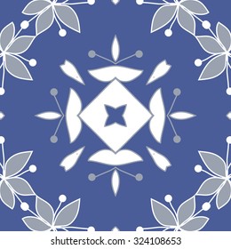 Circular  pattern  of floral motif, leaves, stamens, ellipses, spots, star. Hand drawn.
