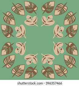 Circular pattern of floral motif,  leaves, zigzag, hole, spots, copy space. Hand drawn.