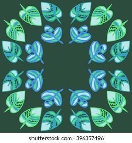 Circular pattern of floral motif,  leaves, zigzag, hole, spots, copy space. Hand drawn.