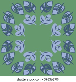 Circular pattern of floral motif,  leaves, zigzag, hole, spots, copy space. Hand drawn.