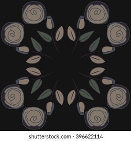 Circular pattern of floral motif,  leaves, buds, stylized flowers,spirals, hole, spots,branches,copy space. Hand drawn.