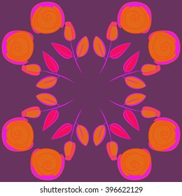 Circular pattern of floral motif,  leaves, buds, stylized flowers,spirals, hole, spots,branches,copy space. Hand drawn.