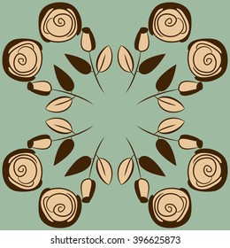 Circular pattern of floral motif,  leaves, buds, stylized flowers,spirals, hole, spots,branches,copy space. Hand drawn.