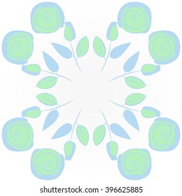 Circular pattern of floral motif,  leaves, buds, stylized flowers,spirals, hole, spots,branches,copy space. Hand drawn.