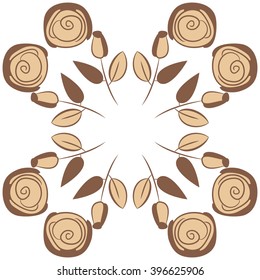 Circular pattern of floral motif,  leaves, buds, stylized flowers,spirals, hole, spots,branches,copy space. Hand drawn.