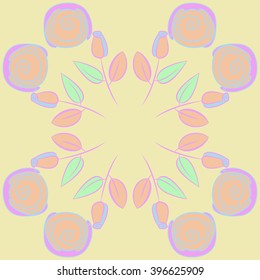 Circular pattern of floral motif,  leaves, buds, stylized flowers,spirals, hole, spots,branches,copy space. Hand drawn.