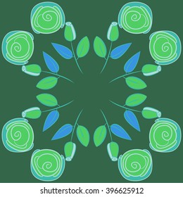 Circular pattern of floral motif,  leaves, buds, stylized flowers,spirals, hole, spots,branches,copy space. Hand drawn.