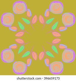Circular pattern of floral motif,  leaves, buds, stylized flowers,spirals, hole, spots,branches,copy space. Hand drawn.