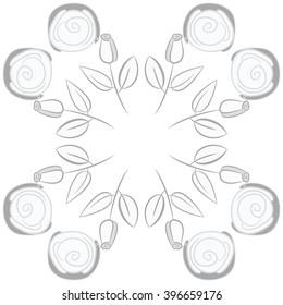 Circular pattern of floral motif,  leaves, buds, stylized flowers,spirals, hole, spots,branches,copy space. Hand drawn.