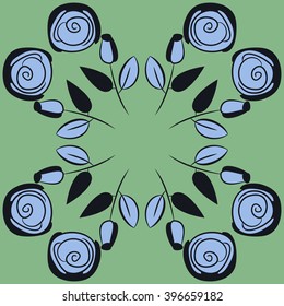 Circular pattern of floral motif,  leaves, buds, stylized flowers,spirals, hole, spots,branches,copy space. Hand drawn.