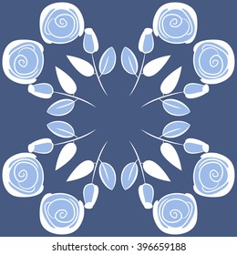 Circular pattern of floral motif,  leaves, buds, stylized flowers,spirals, hole, spots,branches,copy space. Hand drawn.
