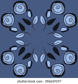Circular pattern of floral motif,  leaves, buds, stylized flowers,spirals, hole, spots,branches,copy space. Hand drawn.