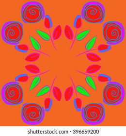 Circular pattern of floral motif,  leaves, buds, stylized flowers,spirals, hole, spots,branches,copy space. Hand drawn.