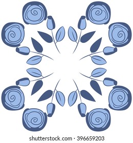 Circular pattern of floral motif,  leaves, buds, stylized flowers,spirals, hole, spots,branches,copy space. Hand drawn.