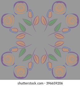 Circular pattern of floral motif,  leaves, buds, stylized flowers,spirals, hole, spots,branches,copy space. Hand drawn.