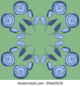 Circular pattern of floral motif,  leaves, buds, stylized flowers,spirals, hole, spots,branches,copy space. Hand drawn.