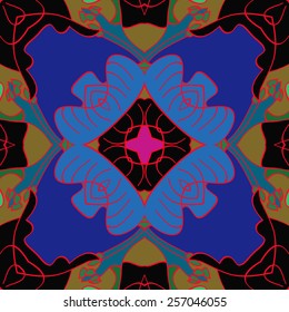 Circular pattern of floral motif on a  black background. Hand drawn.
