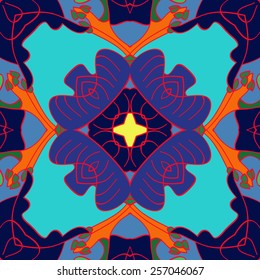 Circular pattern of floral motif on a dark blue  background. Hand drawn.