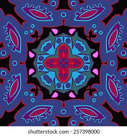 Circular pattern of floral motif on a black  background. Hand drawn. 