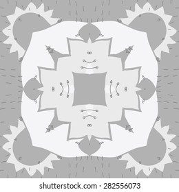 Circular   pattern of  floral motif,  spots,  zigzags, doodles. Hand drawn.