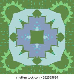 Circular   pattern of  floral motif,  spots,  zigzags, doodles. Hand drawn.
