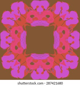 Circular  pattern of  floral motif, spots, hole, stripes, copy space. Hand drawn.