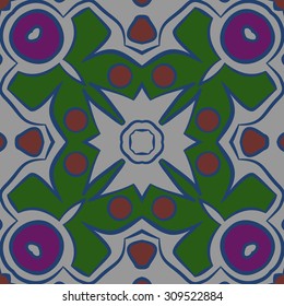 Circular   pattern of floral motif, spots, stripes, ellipses, cross. Hand drawn.
