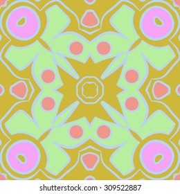 Circular   pattern of floral motif, spots, stripes, ellipses, cross. Hand drawn.