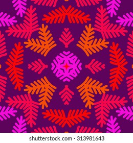 Circular   pattern of floral motif, star, branches, doodles, snowflake . Hand drawn.