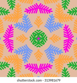 Circular   pattern of floral motif, star, branches, doodles, snowflake . Hand drawn.