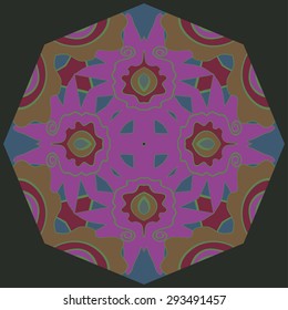 Circular  pattern of floral motif, stripes, waves, spirals. Hand drawn.