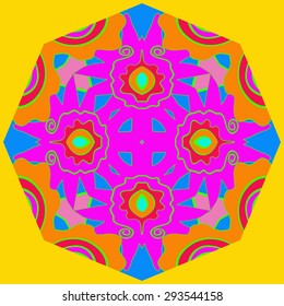 Circular  pattern of floral motif, stripes, waves, spirals. Hand drawn.