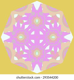 Circular  pattern of floral motif, stripes, waves, spirals. Hand drawn.