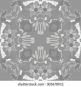 Circular   pattern of floral  motif, stripes,  spots, flowers, ellipses. Hand drawn.