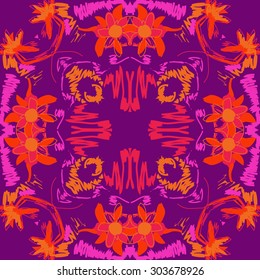 Circular   pattern of floral  motif, stripes,  spots, flowers, ellipses. Hand drawn.