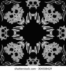 Circular   pattern of floral  motif, stripes,  doodles, flowers, ellipses, copy space. Hand drawn.