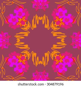 Circular   pattern of floral  motif, stripes,  doodles, flowers, ellipses, copy space. Hand drawn.