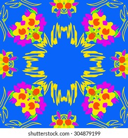 Circular   pattern of floral  motif, stripes,  doodles, flowers, ellipses, copy space. Hand drawn.