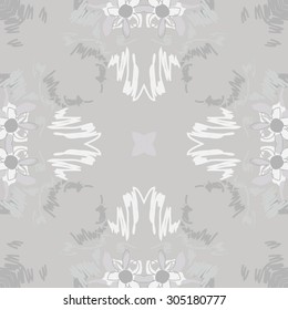 Circular   pattern of floral  motif, stripes,  doodles, flowers, ellipses, star. Hand drawn.